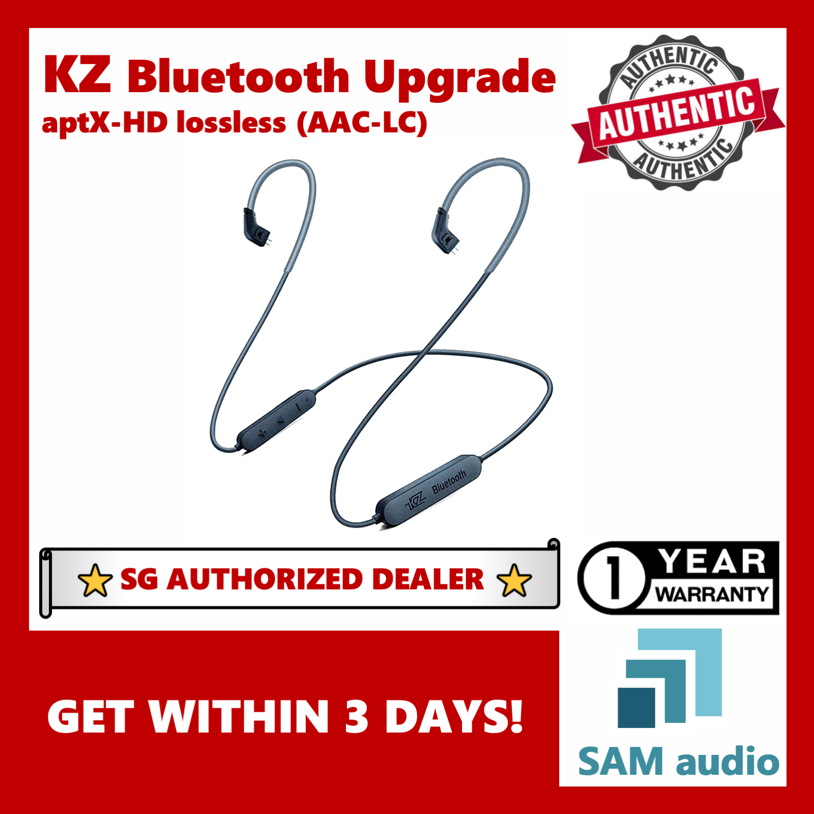 [?SG] KZ aptX-HD (Qualcomm Bluetooth Wireless) upgrade plug-on wire, IPX5 water proof (anti sweat), Hifi audio aptX-HD lossless audio, with mic (C-pin)